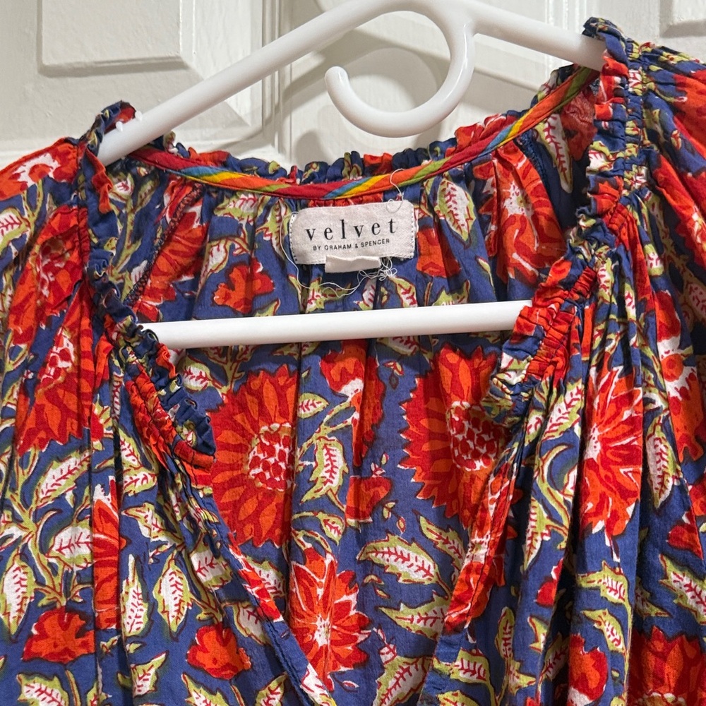 Velvet Red and Blue Floral Top